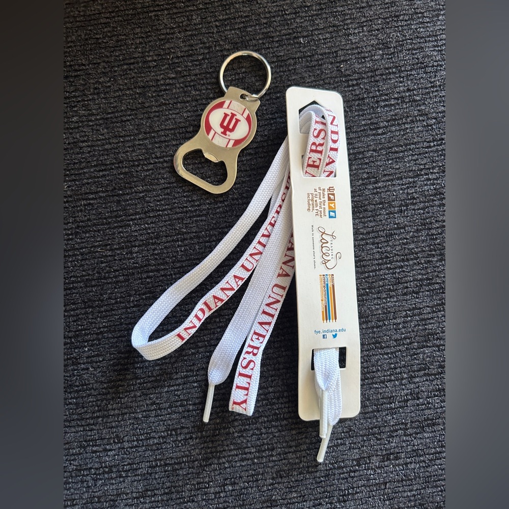 Indiana University (IU) shoelaces and bottle opener keychain